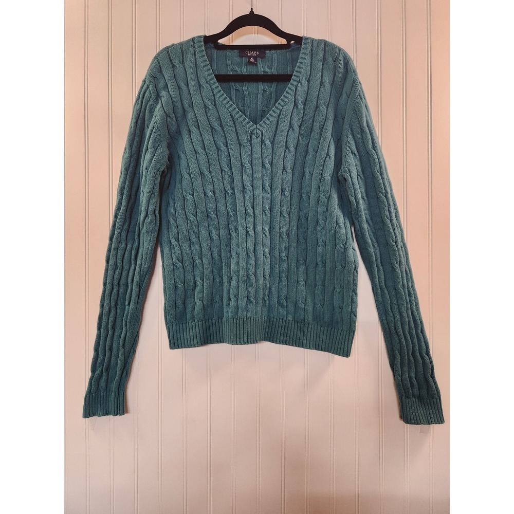 Chap Women's Teal Cable Knit V Neck Sweater Size L Slim Fit Classic Preppy Cozy